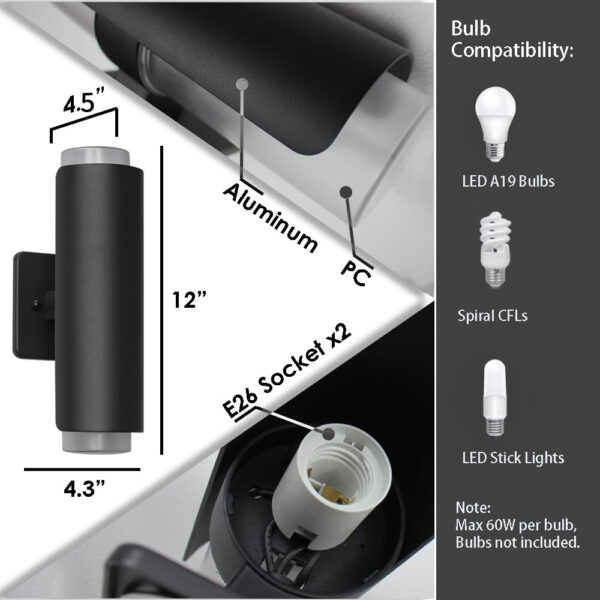 Outdoor Wall Sconce, Up and Down Modern Porch Light, Waterproof Aluminum Exterior Light Fixture, Fence and Pillar Lighting for Patio, Garage, Driveway, and Outdoor Spaces - Image 5