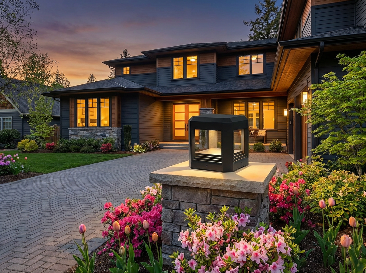 PLUSLED outdoor LED post light installed along driveway entrance in spring