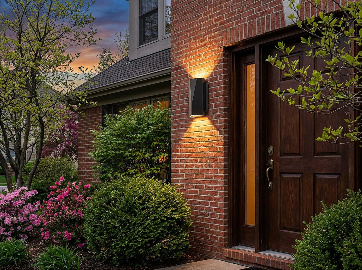 PLUSLED Up and Down LED Wall Sconce mounted on modern home exterior beside front door at dusk