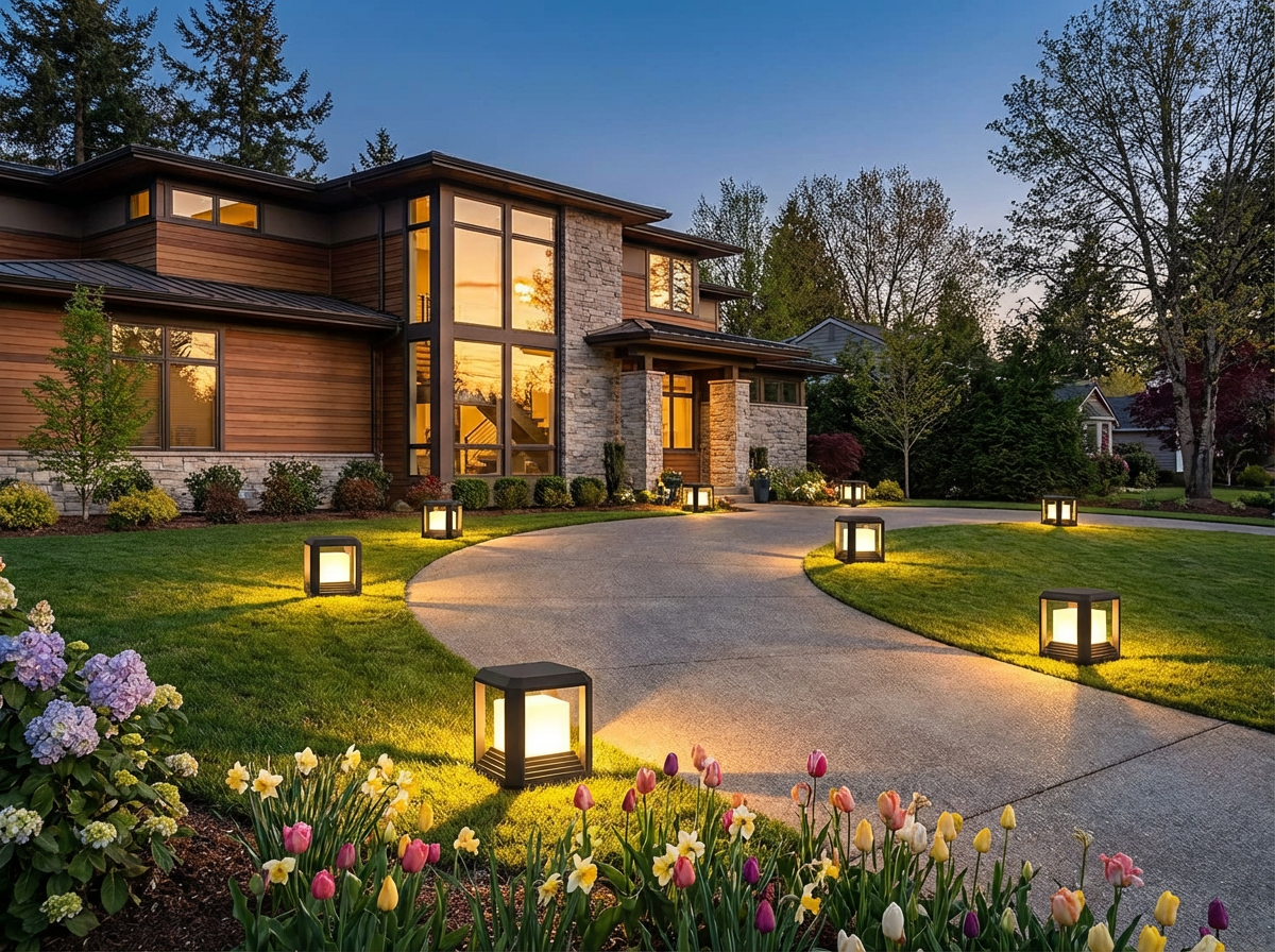 PLUSLED Modern Black Outdoor Post Light along a curved spring driveway