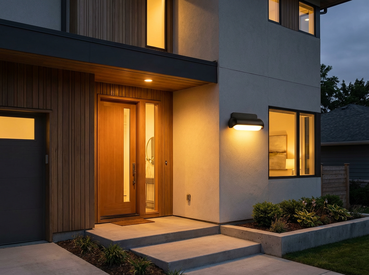 PLUSLED Modern LED Wall Sconce mounted beside front door of American home at dusk