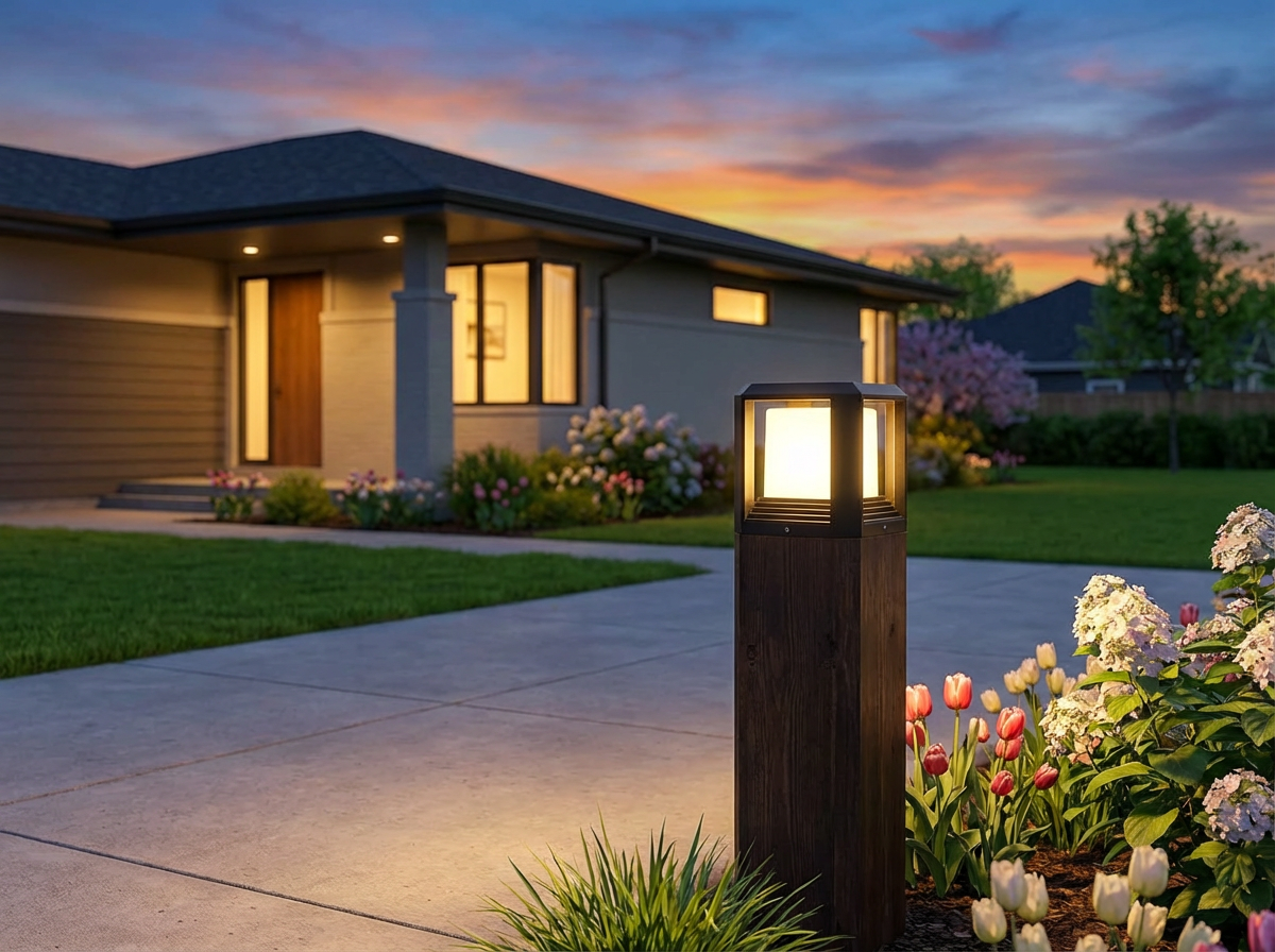 PLUSLED outdoor LED post light on driveway entrance of American home