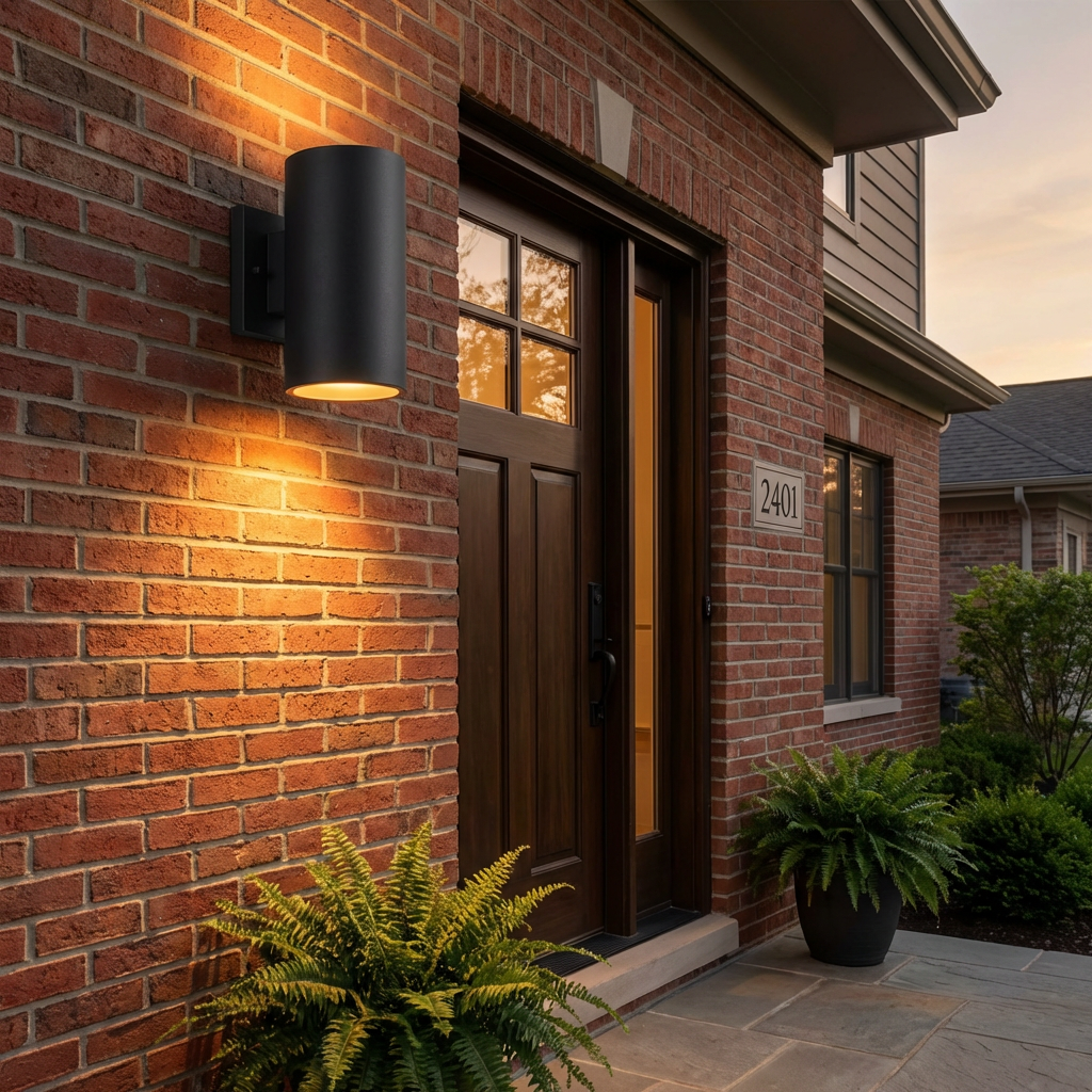PLUSLED outdoor LED wall sconce matte black mounted on modern American home front door porch