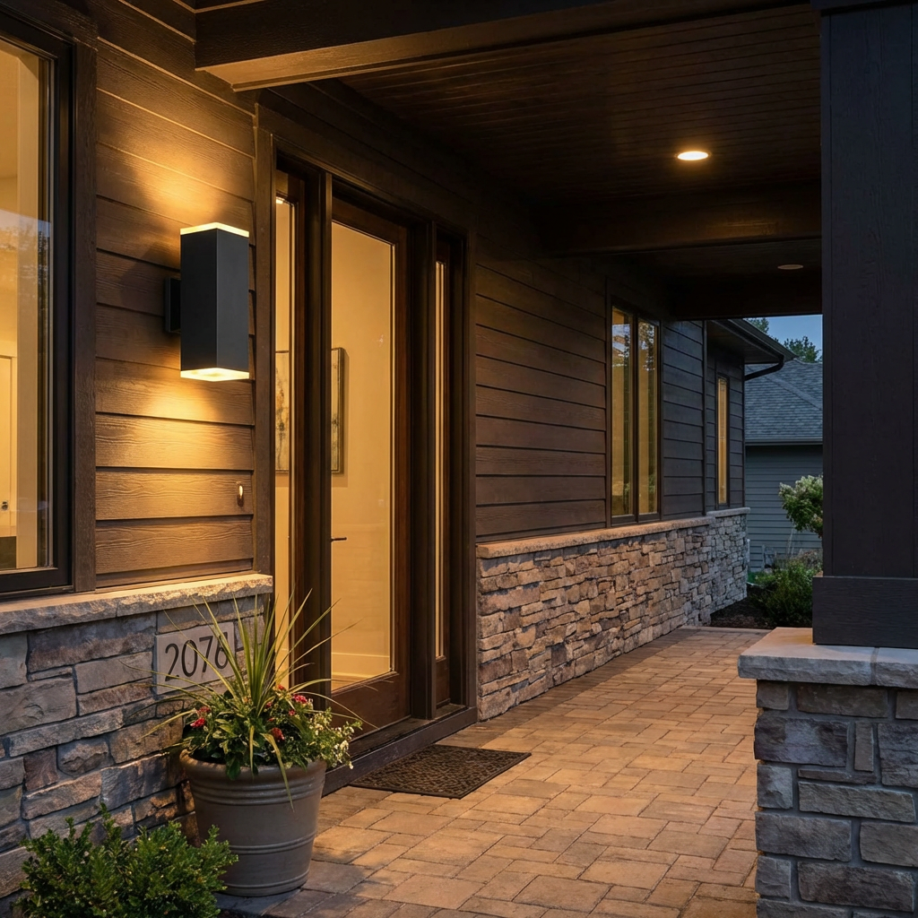 PLUSLED outdoor LED wall sconce on modern American home porch