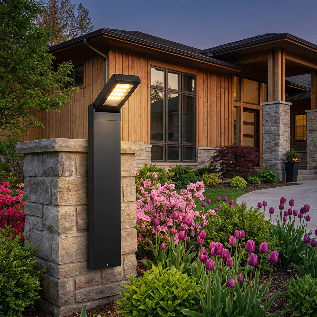 PLUSLED outdoor LED post light installed at driveway entrance