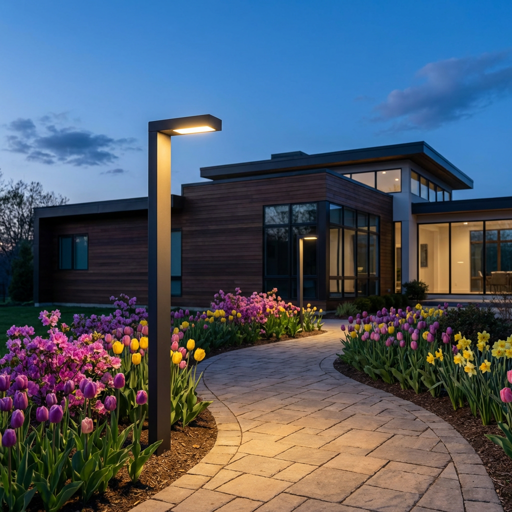 PLUSLED outdoor LED post light illuminating a spring garden pathway