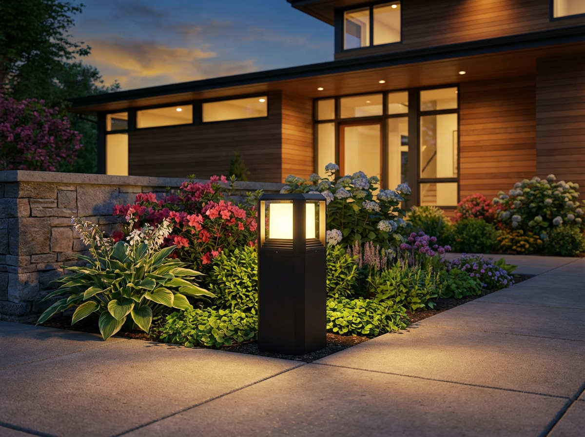 PLUSLED outdoor LED post light at driveway entrance, spring setting