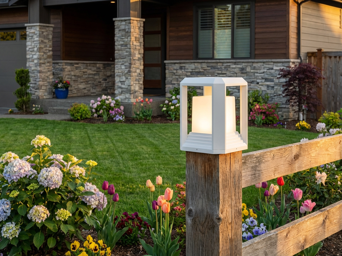 PLUSLED outdoor post cap lights on fence posts in spring garden