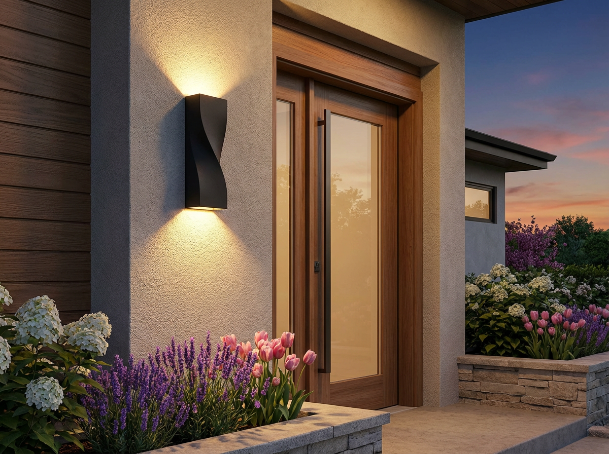 PLUSLED outdoor LED wall sconce illuminating front door at dusk