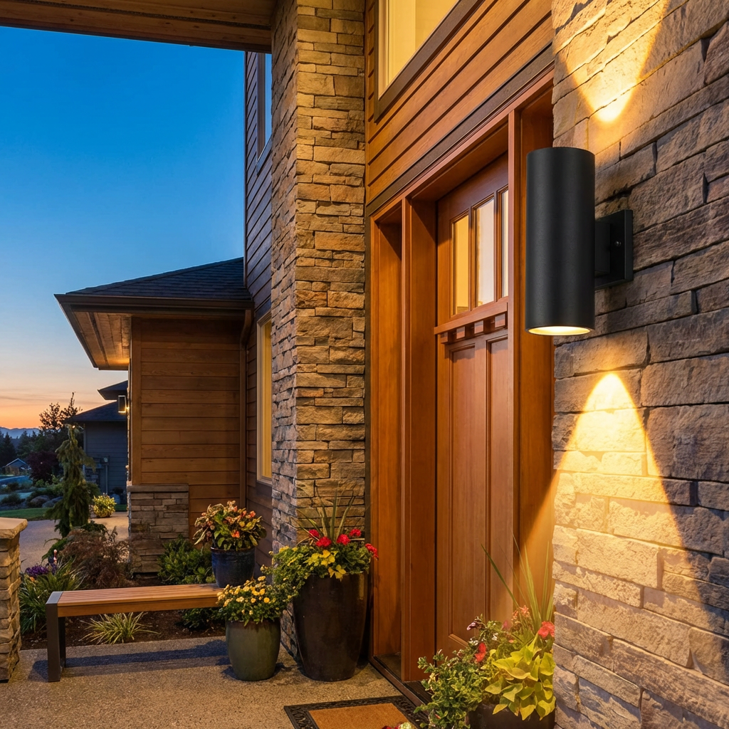 PLUSLED outdoor LED wall sconce illuminating a modern home entryway in spring
