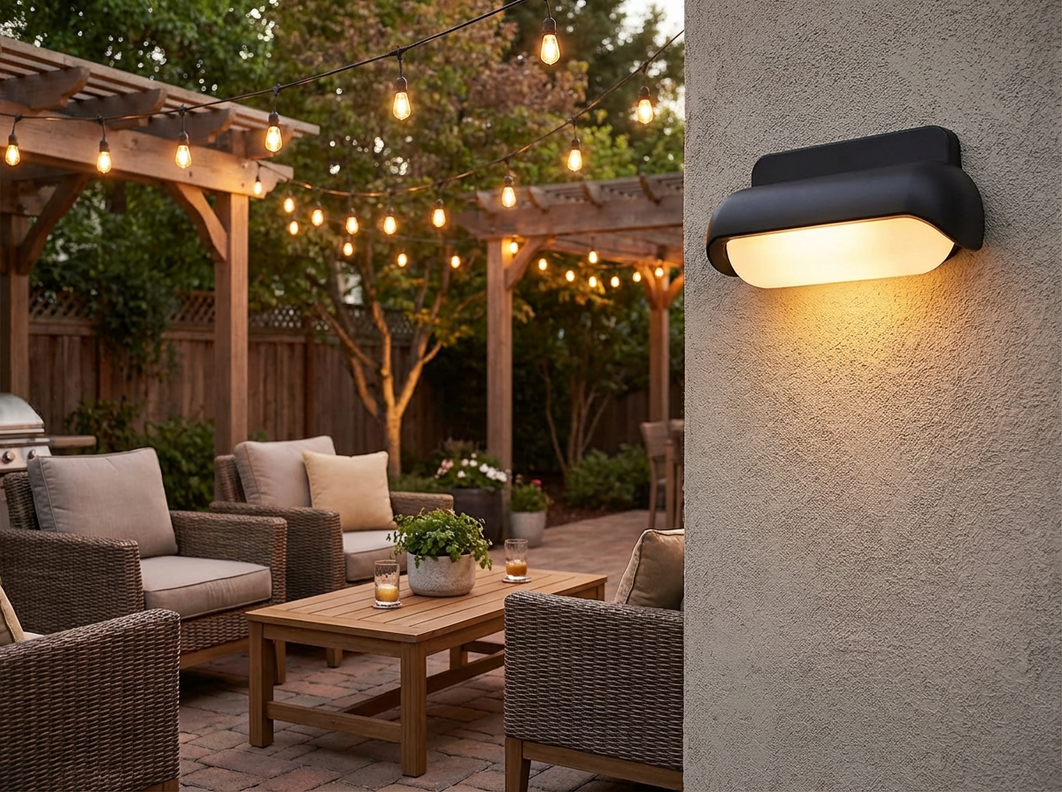 PLUSLED modern wall sconce on a backyard patio wall with warm spring evening ambiance