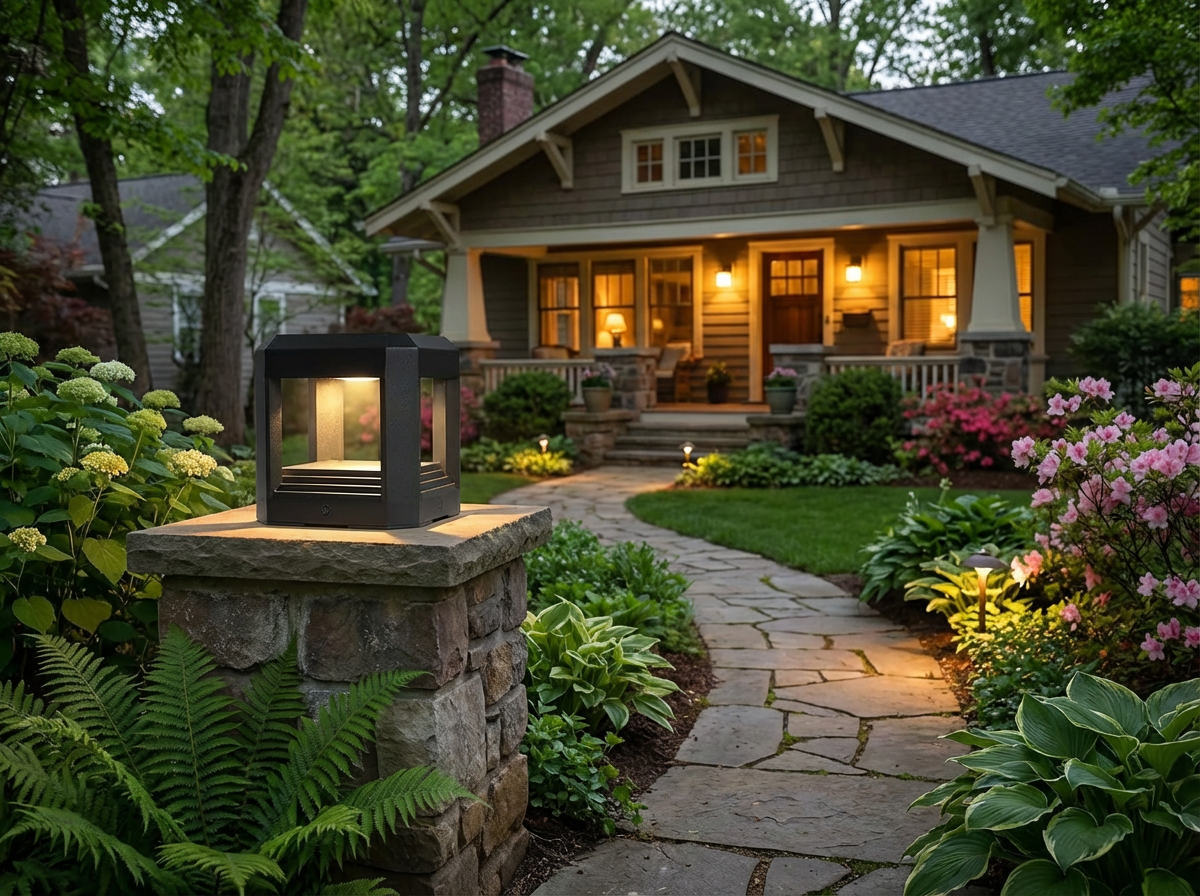 PLUSLED outdoor LED post light illuminating a garden path in spring evening