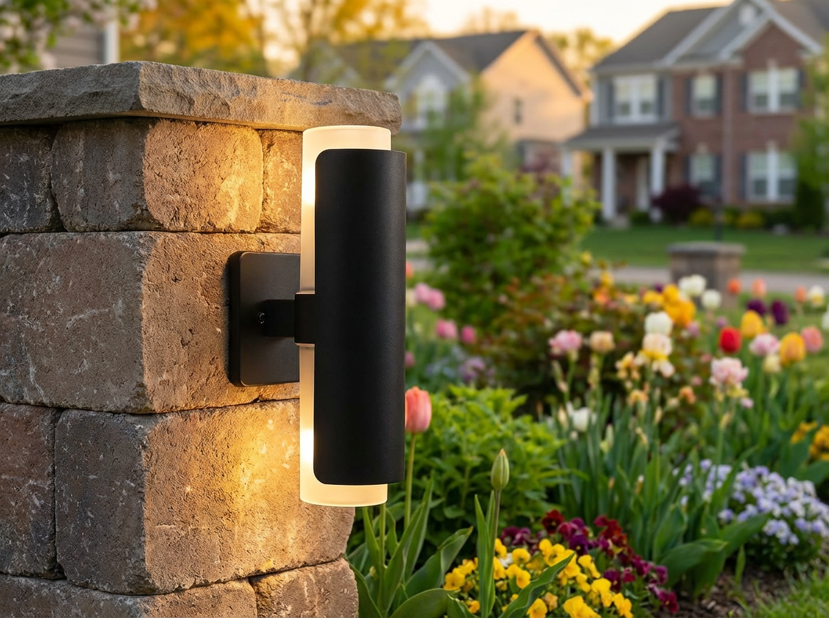PLUSLED outdoor wall sconce mounted on a patio fence pillar with a spring garden in bloom