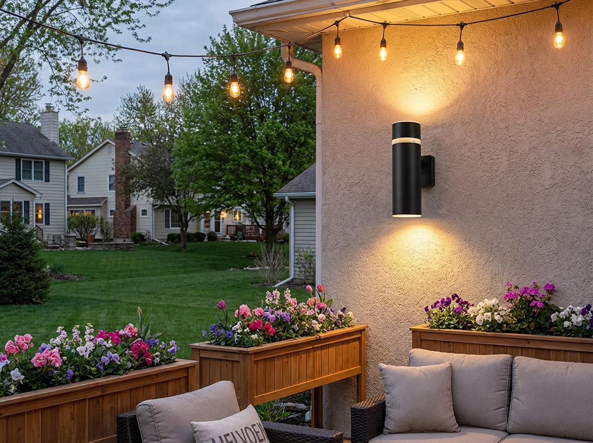 PLUSLED matte black outdoor wall sconce illuminating a spring backyard patio with blooming flowers