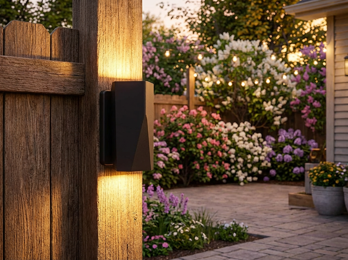 PLUSLED Up and Down LED Wall Sconce glowing warmly on a patio fence post in a spring backyard garden setting