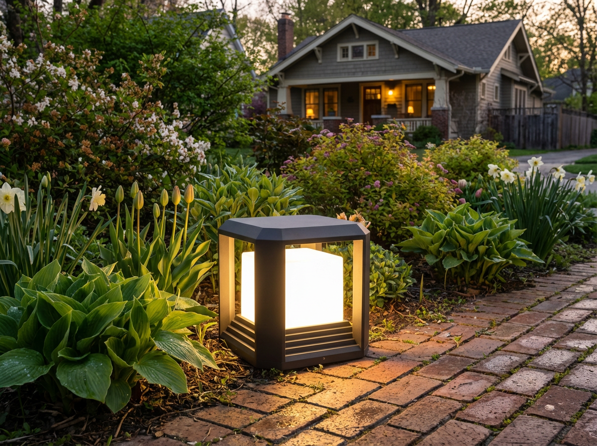 PLUSLED LED Post Light illuminating a spring garden path with brick walkway