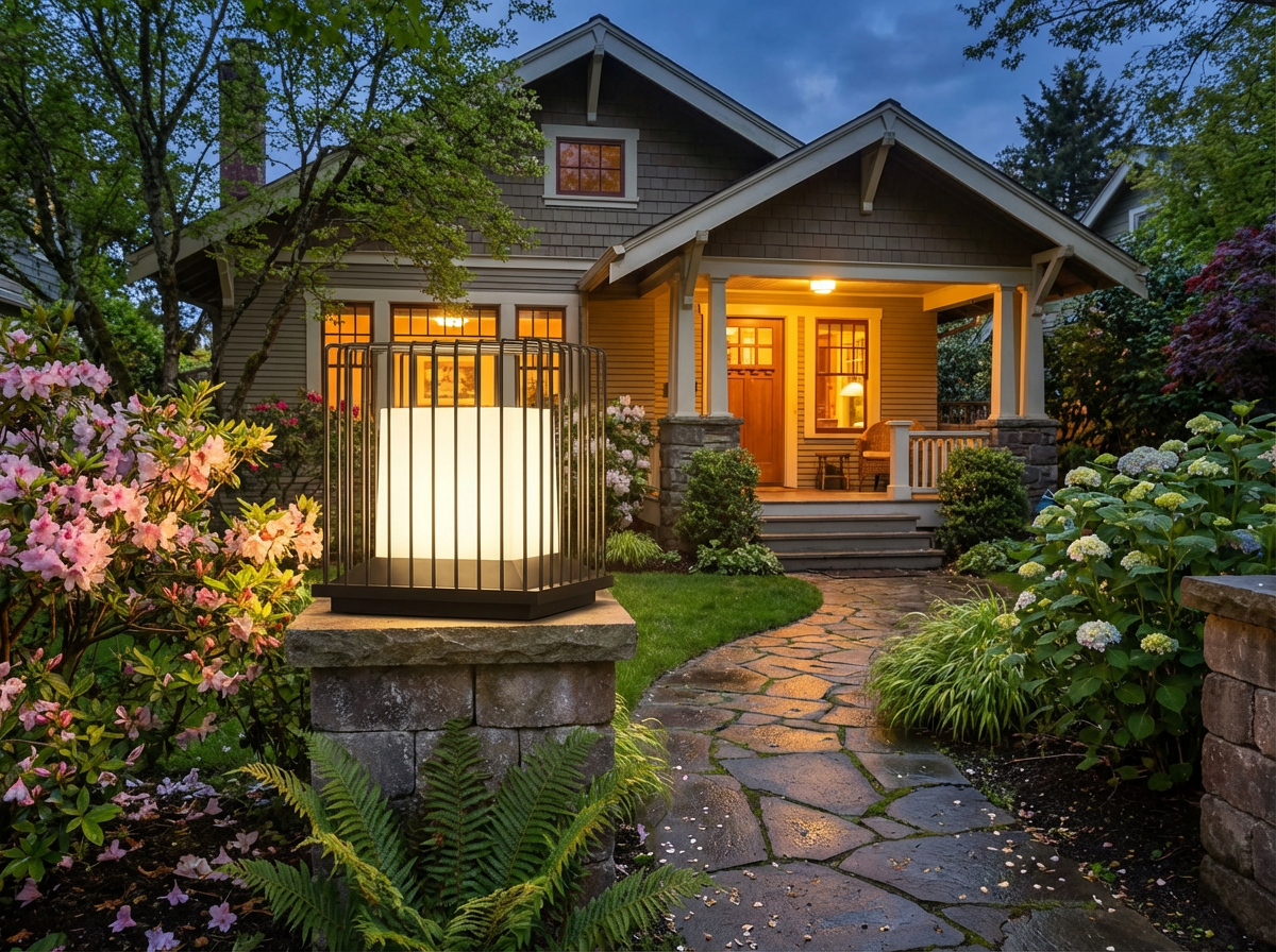 PLUSLED outdoor LED post light in a garden path at spring dusk