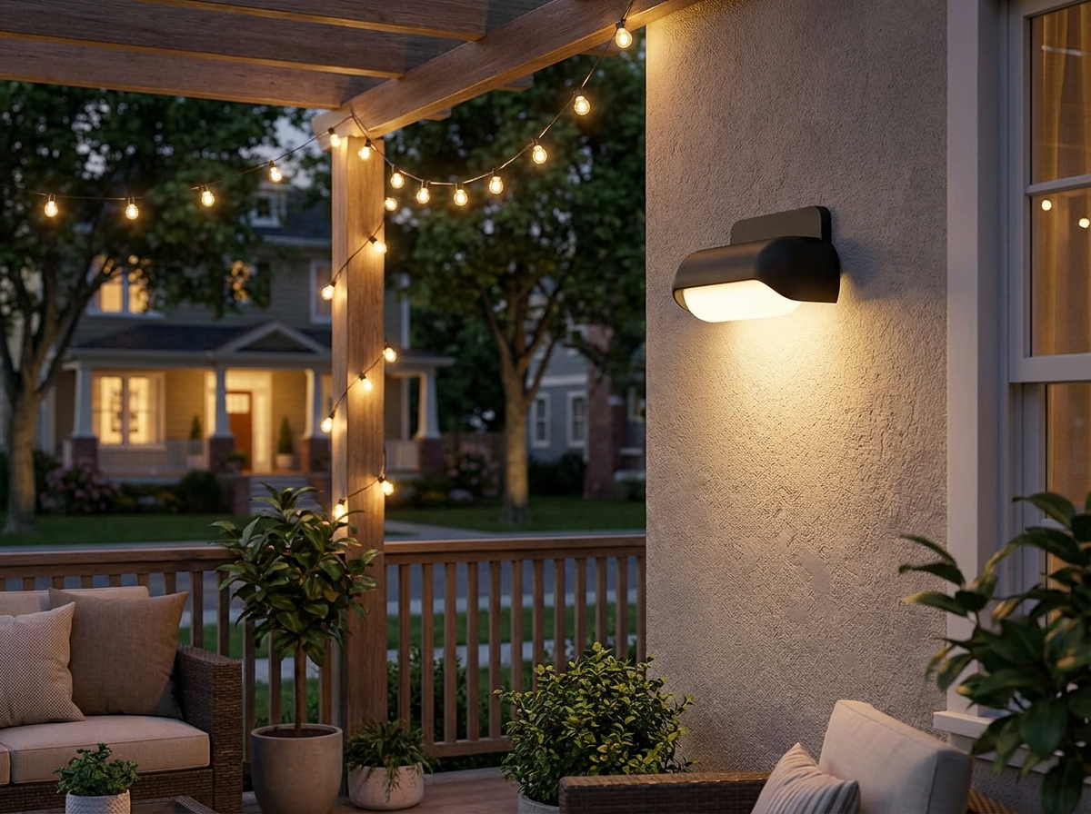 PLUSLED outdoor LED wall sconce illuminating a porch and patio on a cozy spring evening