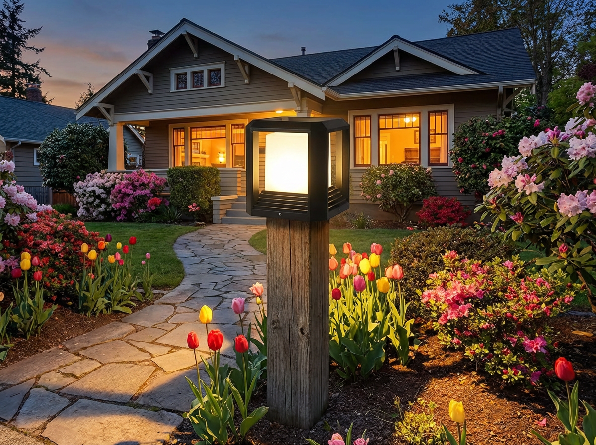 PLUSLED modern black post light illuminating a spring garden path with tulips