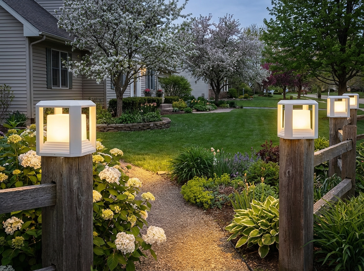 PLUSLED post cap lights illuminating a garden path fence in spring evening
