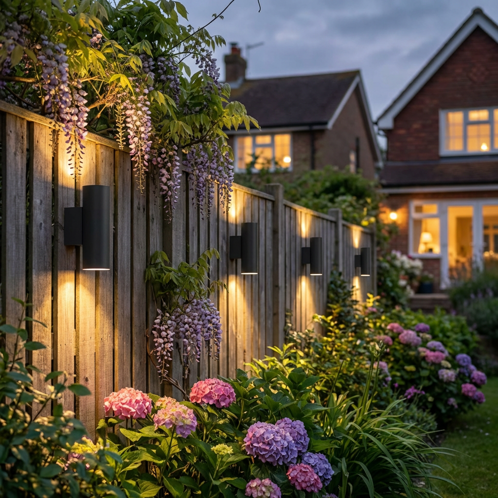 PLUSLED modern LED wall sconces on spring garden fence with blooming flowers