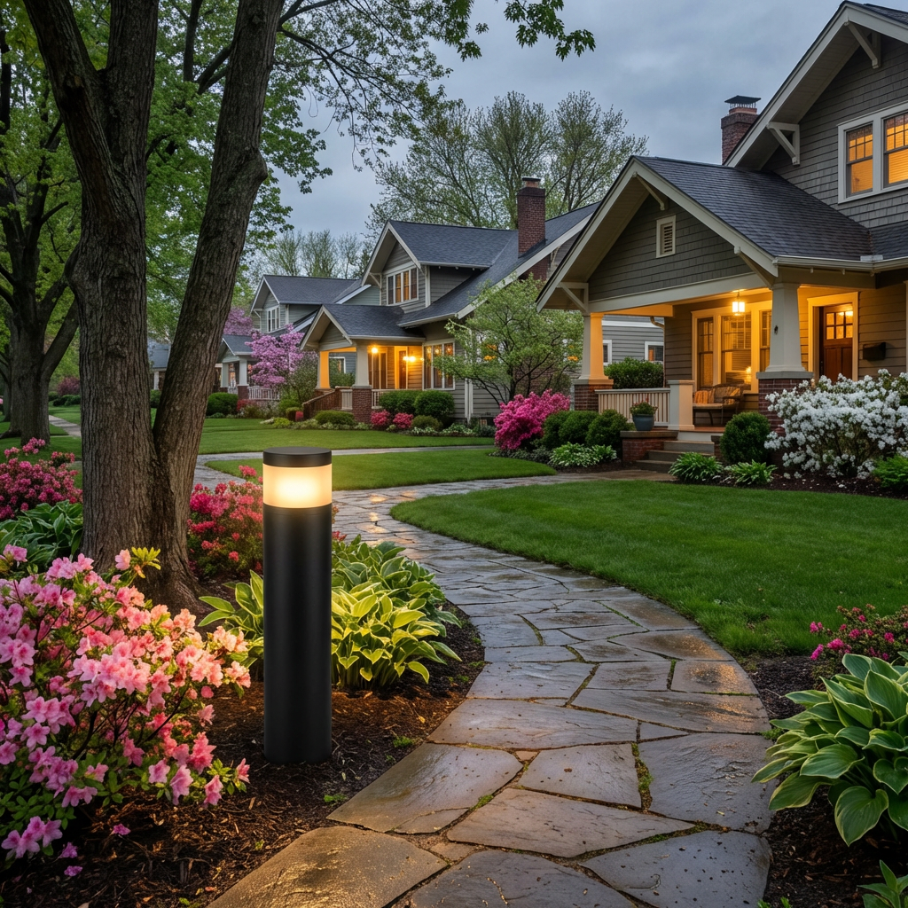 PLUSLED outdoor LED post light illuminating a garden pathway at dusk