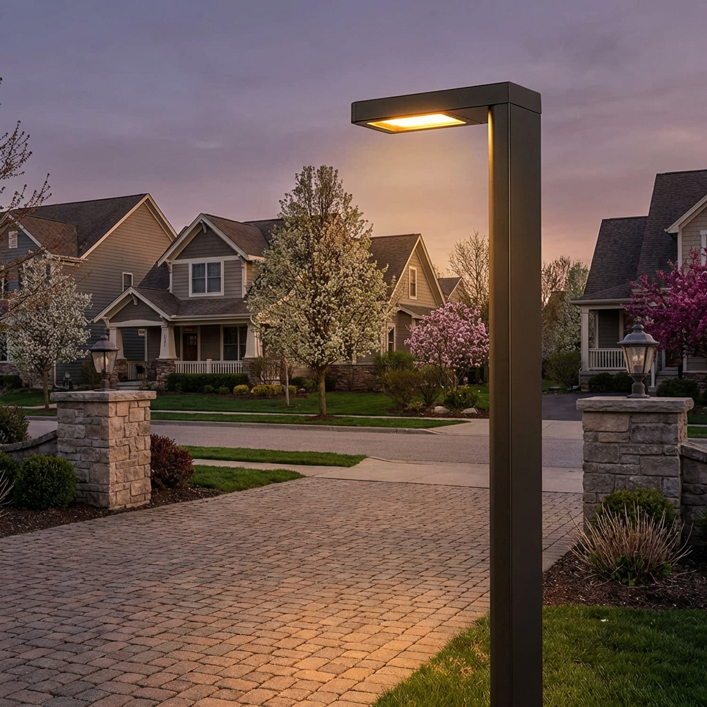 PLUSLED LED column post light at driveway entrance, spring evening ambiance