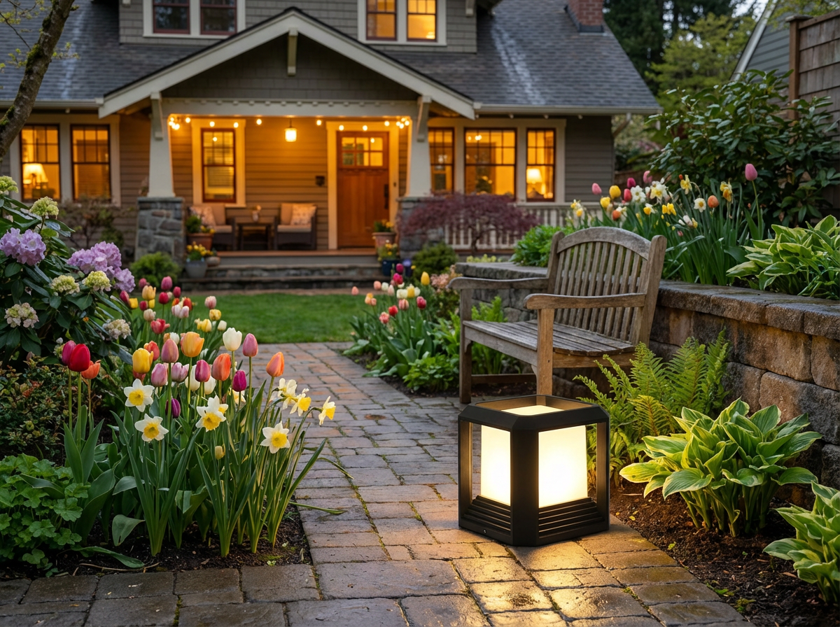 PLUSLED LED post light illuminating a spring garden path with blooming flowers