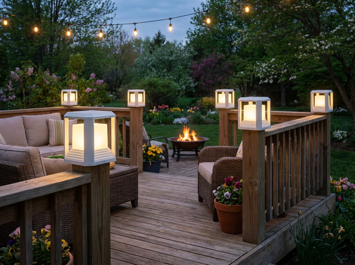 PLUSLED outdoor post cap lights on deck railing in spring evening ambiance