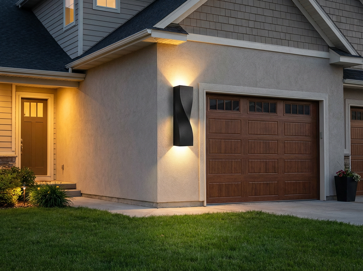 PLUSLED large S-shape wall sconce illuminating garage exterior in spring evening