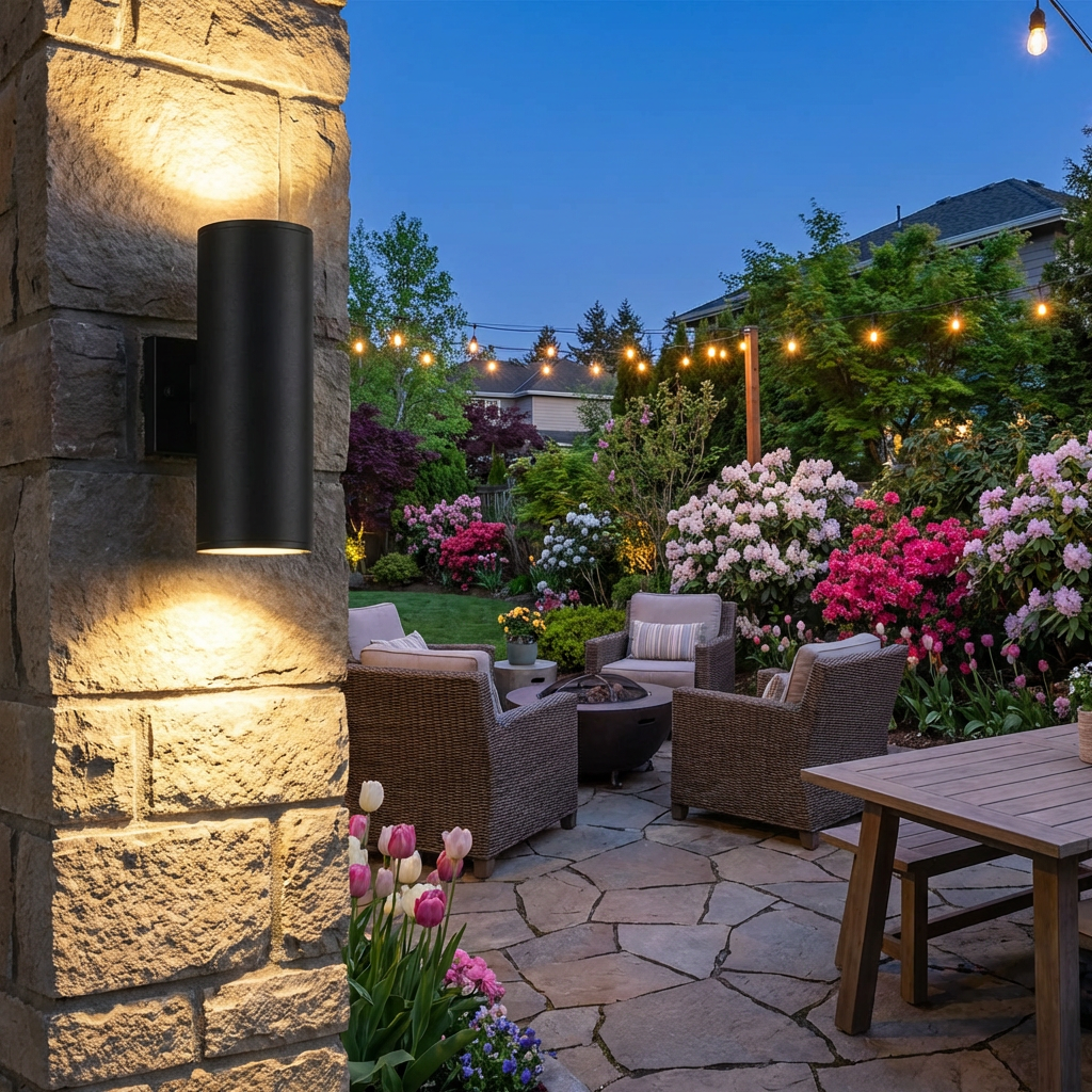 PLUSLED outdoor wall sconce lighting a spring patio with garden in bloom