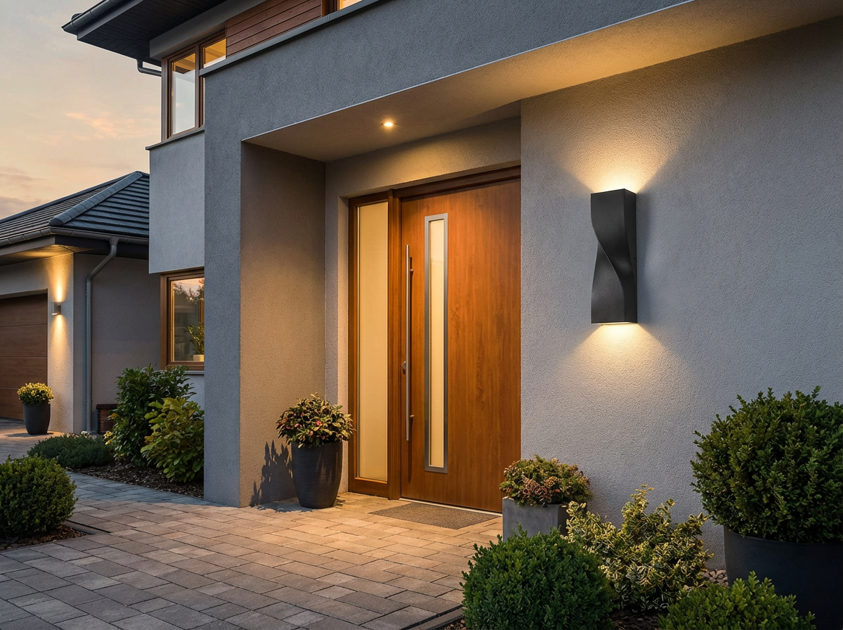 PLUSLED outdoor LED wall sconce mounted beside a front door at dusk