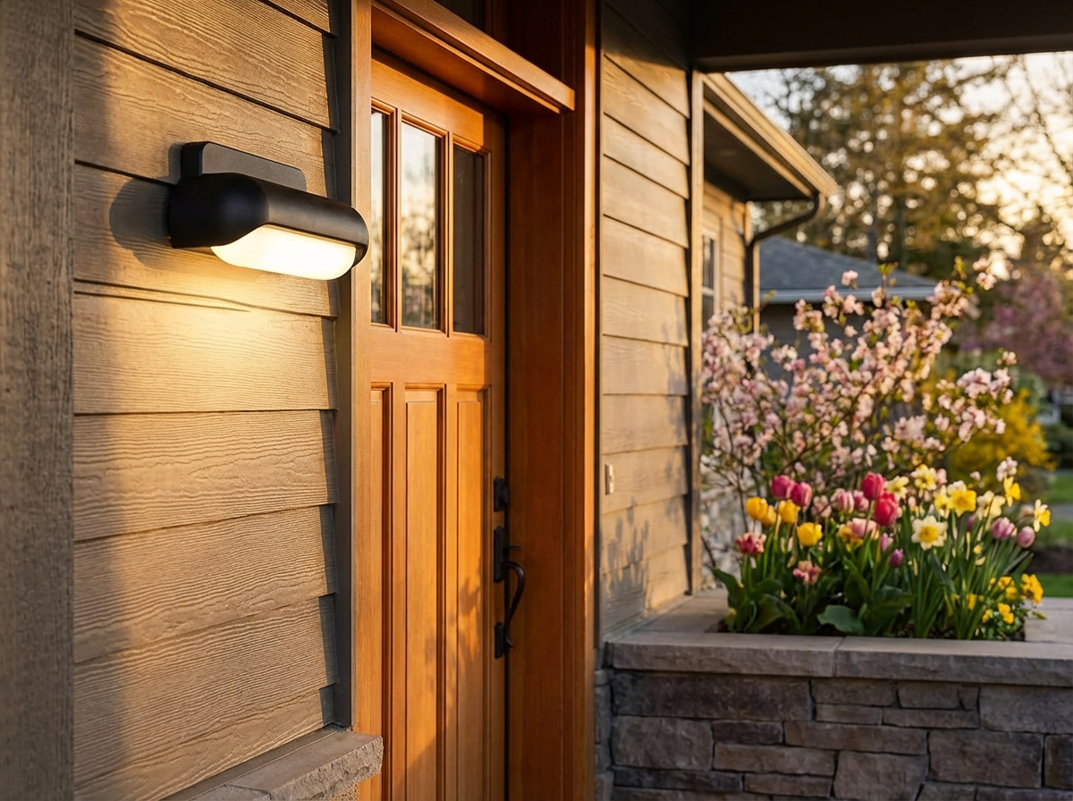 PLUSLED modern outdoor wall sconce installed near front door with spring blooms