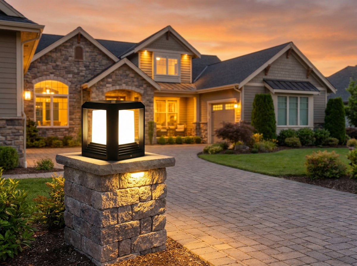 PLUSLED modern black outdoor post light installed at driveway entrance