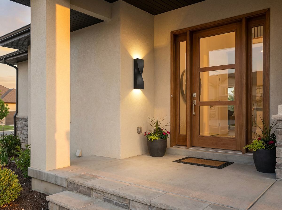 PLUSLED Large Black S-Shape Outdoor Wall Sconce installed beside front door at dusk