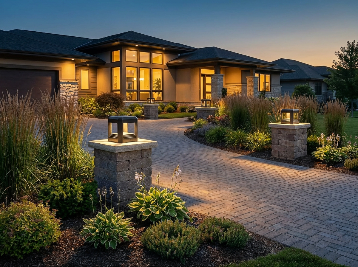 PLUSLED outdoor LED post light installed along a modern American driveway at dusk