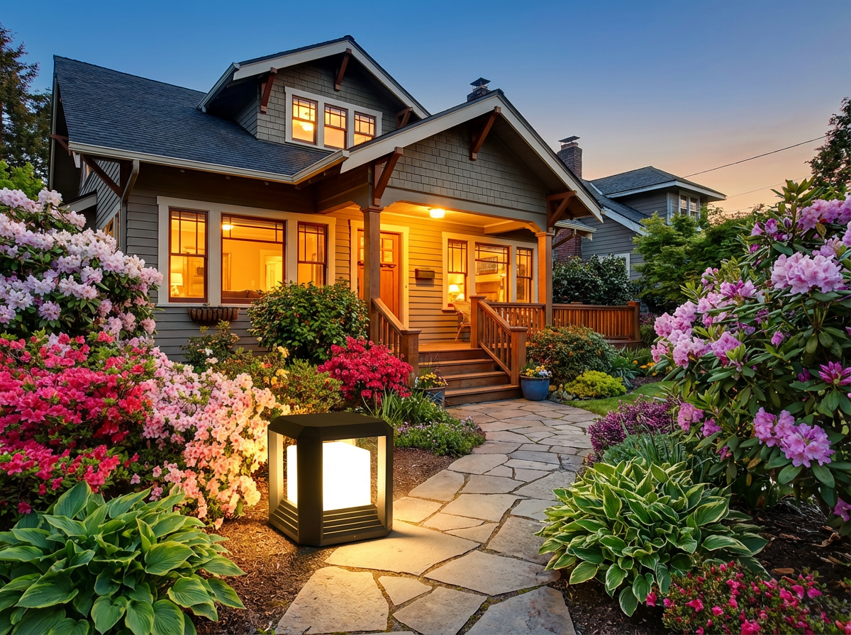 PLUSLED outdoor LED lighting on garden path spring evening