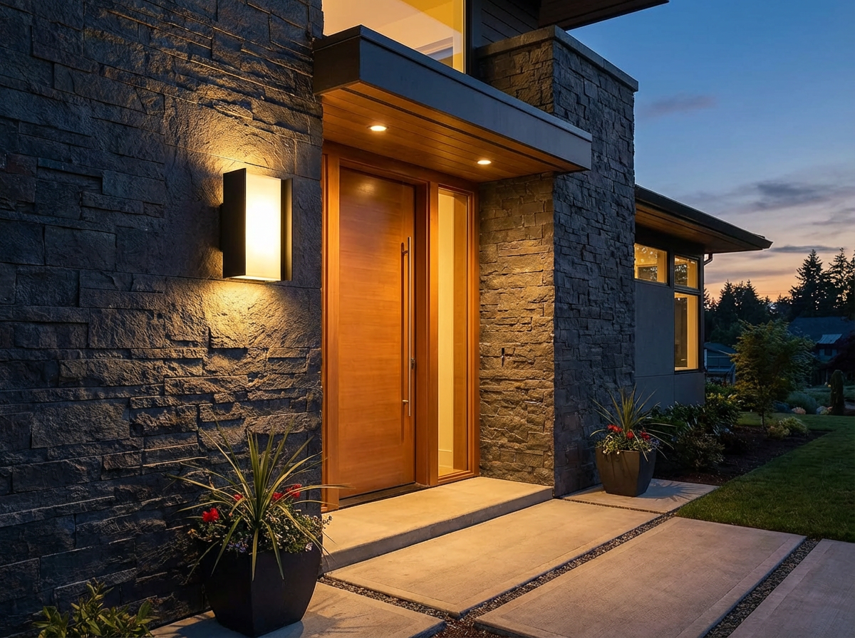 PLUSLED outdoor LED wall sconce installed beside a front door of a modern American home at dusk