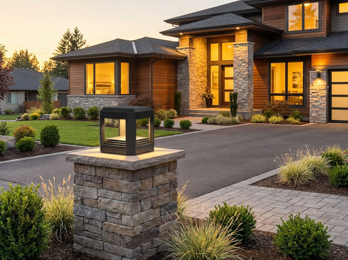 PLUSLED outdoor LED post light installed on a driveway