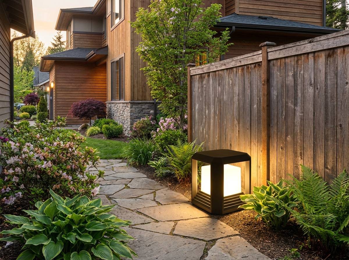 PLUSLED outdoor post light on garden path near wooden fence
