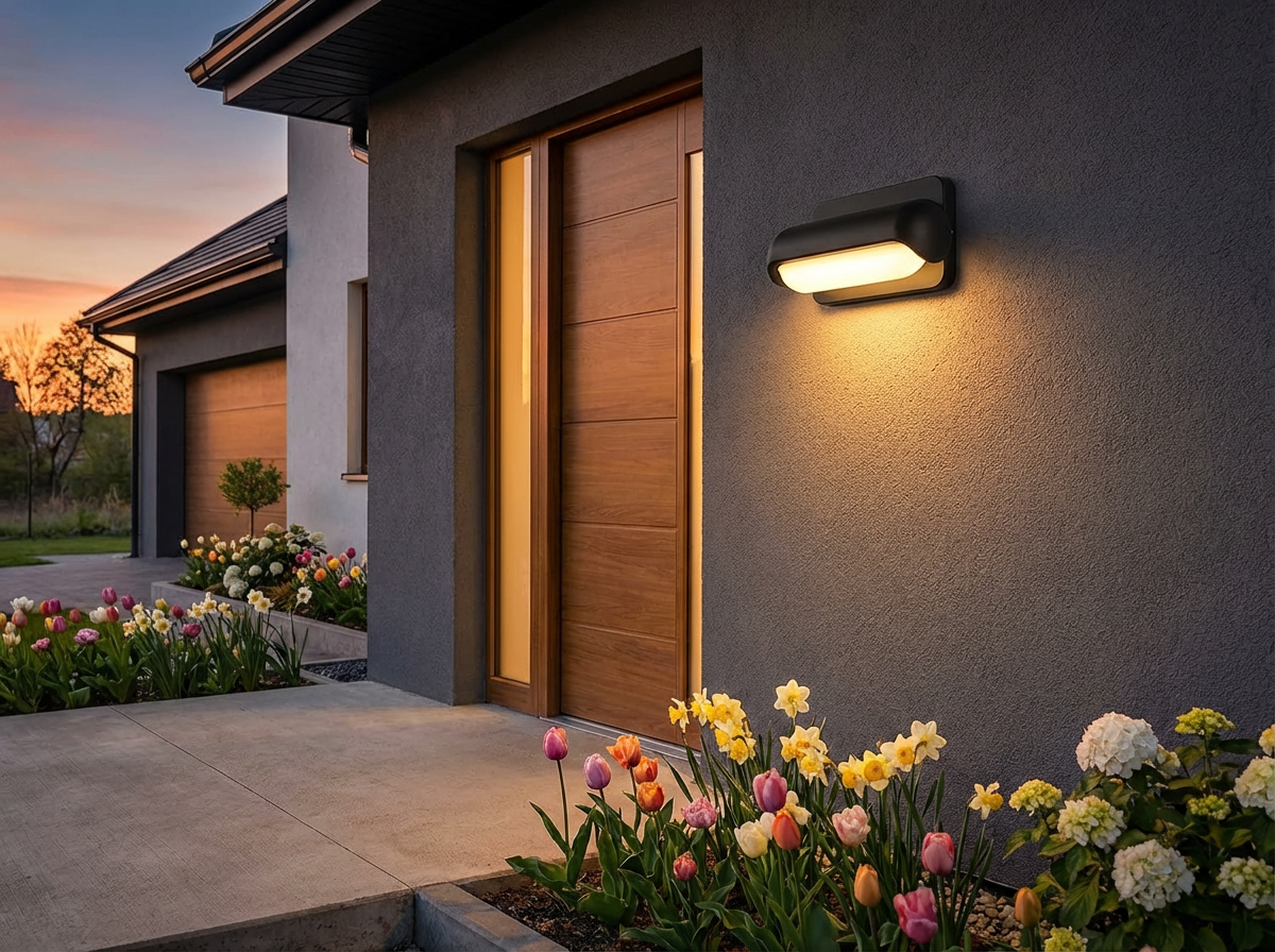 PLUSLED modern outdoor wall sconce mounted beside a front door with spring flowers in background