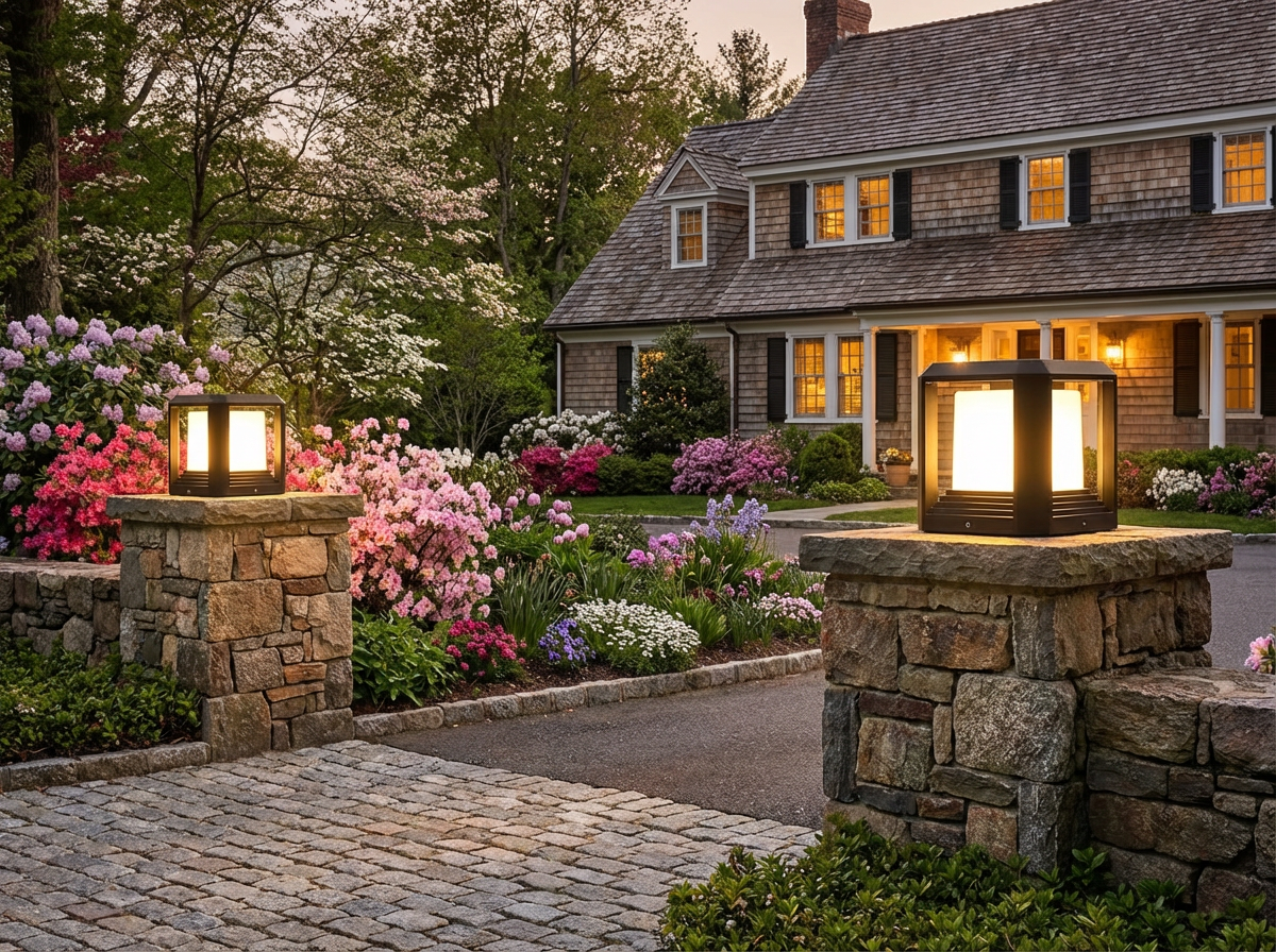 PLUSLED modern black outdoor post light at driveway entrance with spring garden
