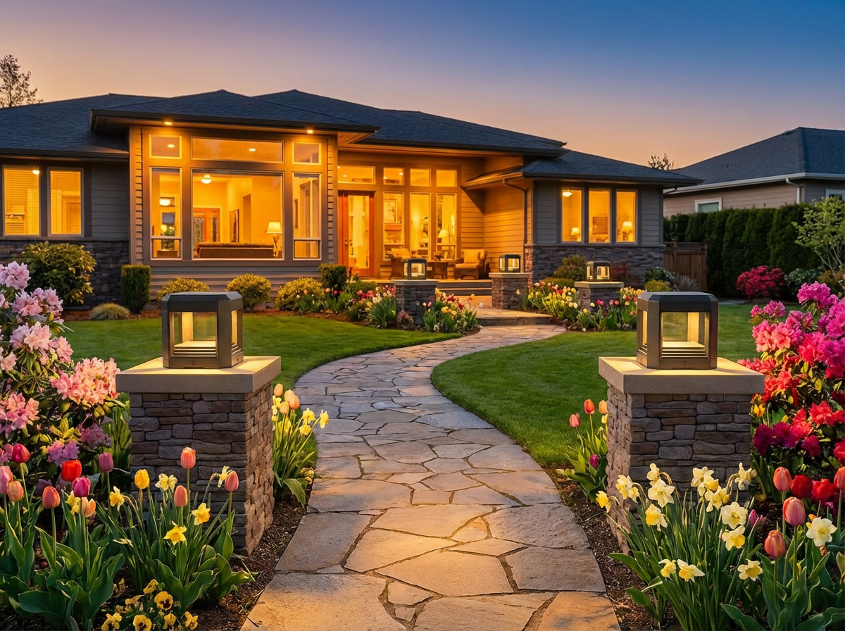 PLUSLED outdoor LED post light along garden path in spring