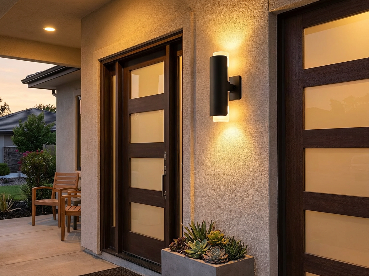 PLUSLED outdoor LED lighting wall sconce on modern American home porch