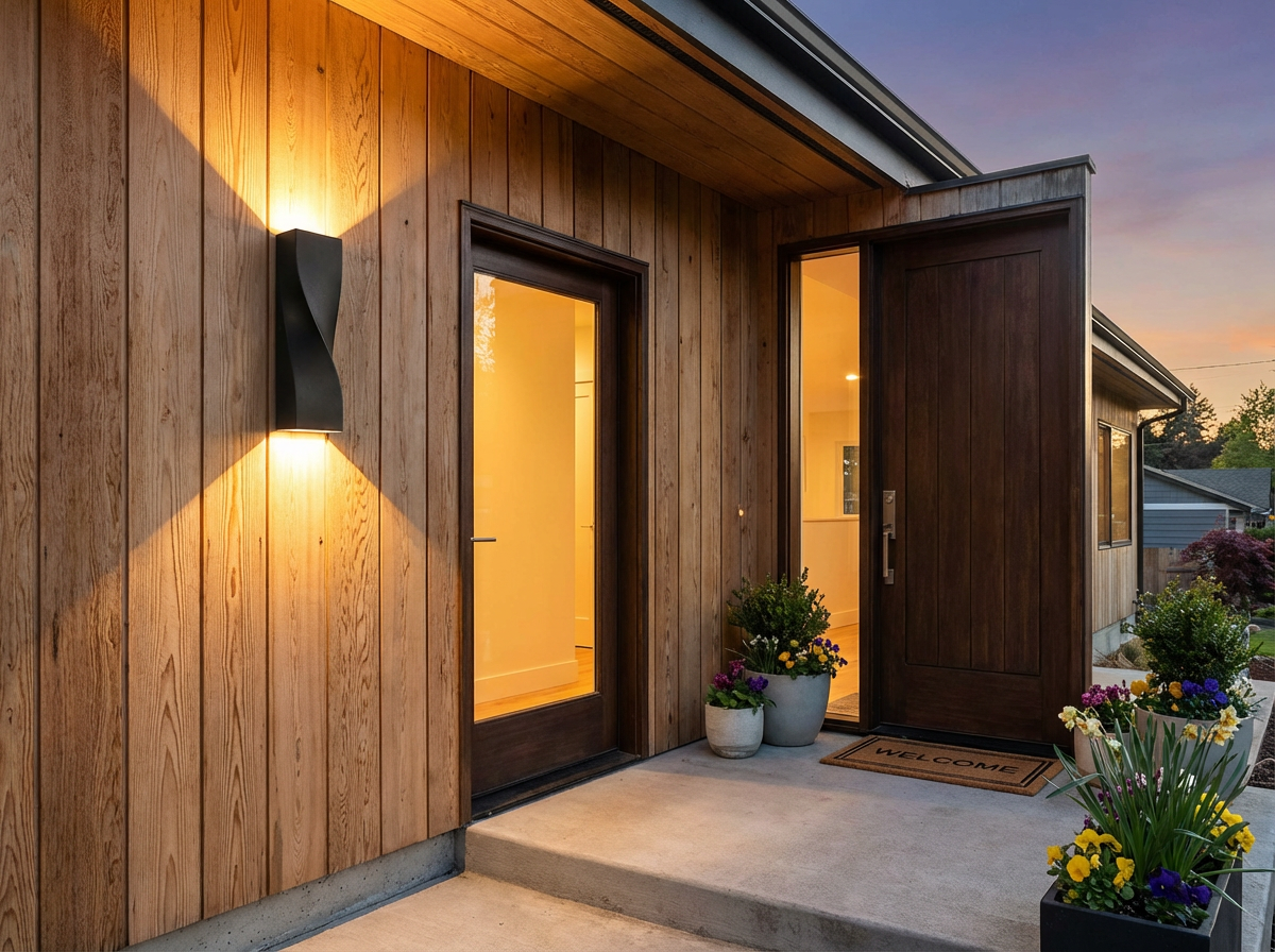 PLUSLED large outdoor wall sconce illuminating a modern American home front door at dusk
