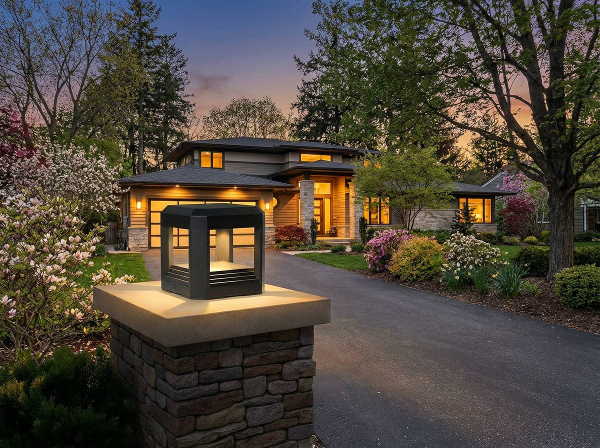 PLUSLED outdoor LED post light installed at driveway entrance in spring garden