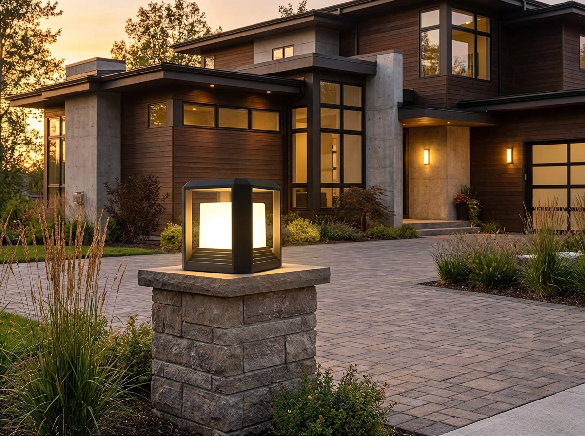 PLUSLED outdoor LED post light on a residential driveway at dusk