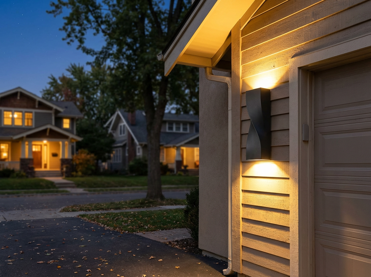 PLUSLED S-shape LED wall sconce on garage exterior with warm up-down glow at night