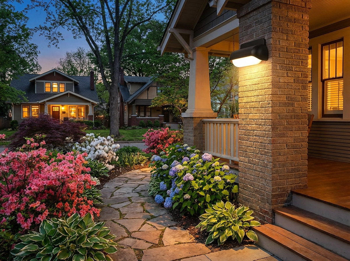 PLUSLED outdoor wall sconce on porch pillar with spring garden path at twilight