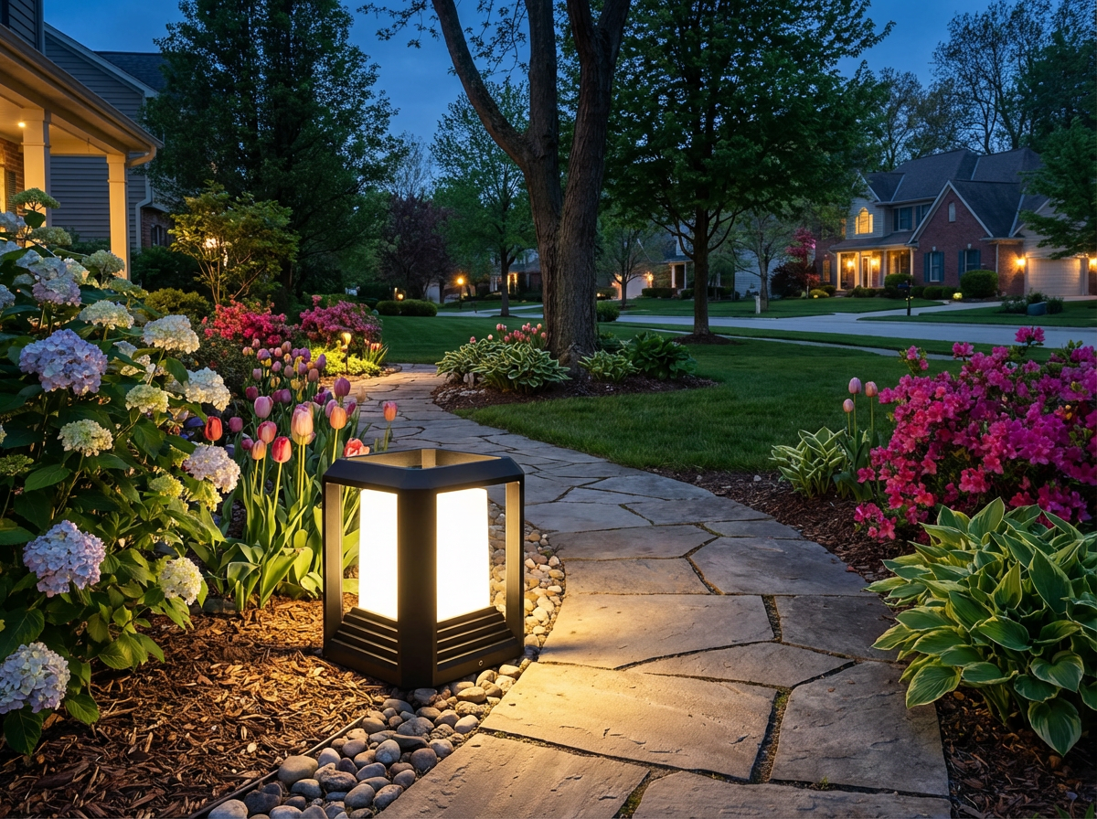 PLUSLED modern black outdoor post light illuminating a spring garden path with blooming flowers